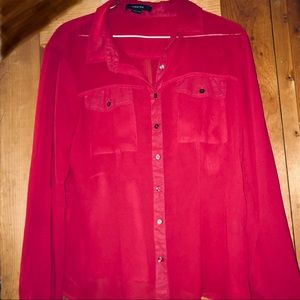 Red Mesh Flowy Cinched Button Down